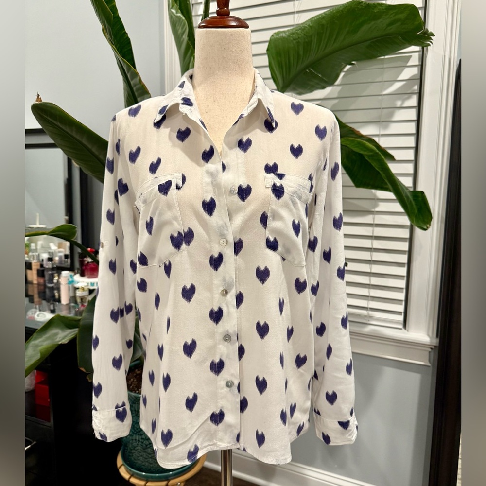 White lightweight button down shirt with blue hearts